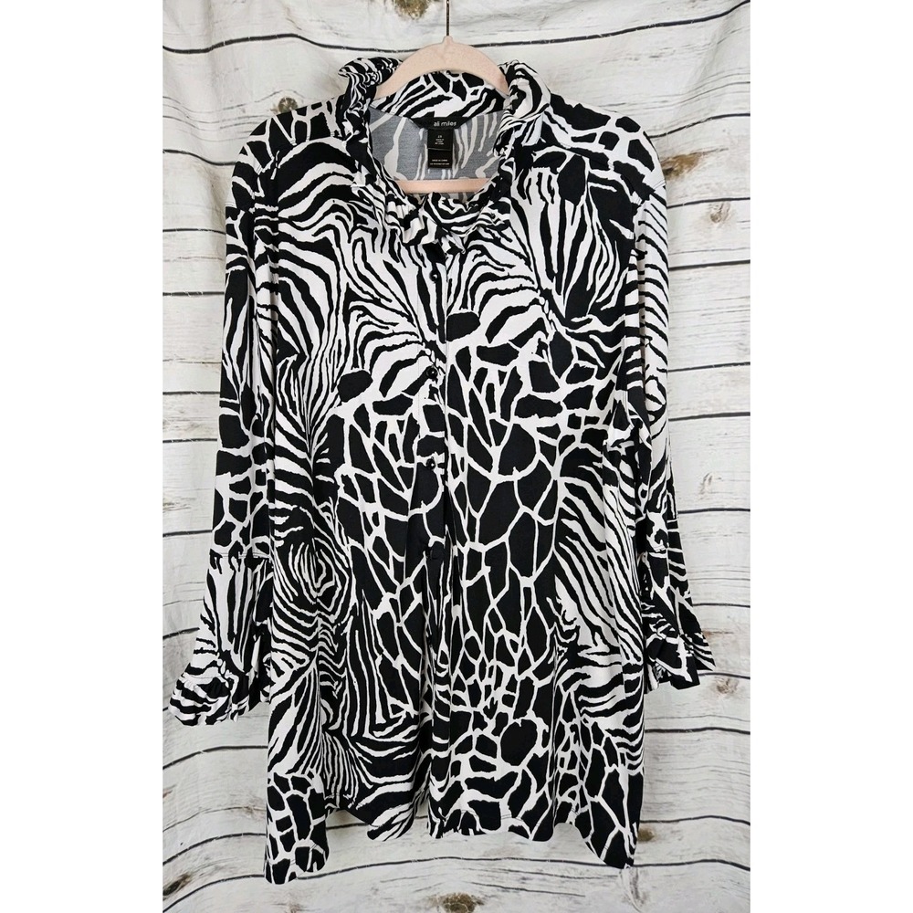 Ali Miles Black White Animal Zebra Top 2X Womens Tunic Ruffled Button Up
